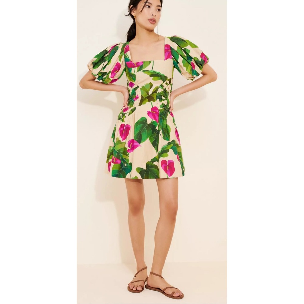 FARM Rio Anthurium Leaves Puff Sleeve Mini Dress Cream Green Magenta Boho